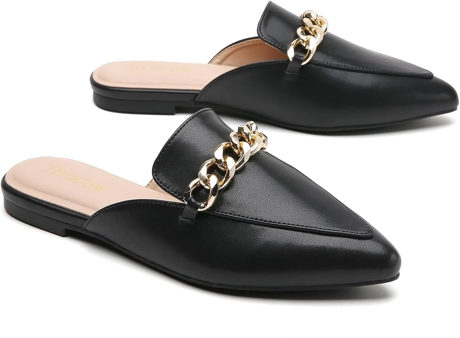 Tilocow Mules for Woman Metal Chain Slip On Flats Business Pointed Toe Loafers Backless Women Mule Shoes