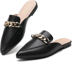 Tilocow Mules for Woman Metal Chain Slip On Flats Business Pointed Toe Loafers Backless Women Mule Shoes