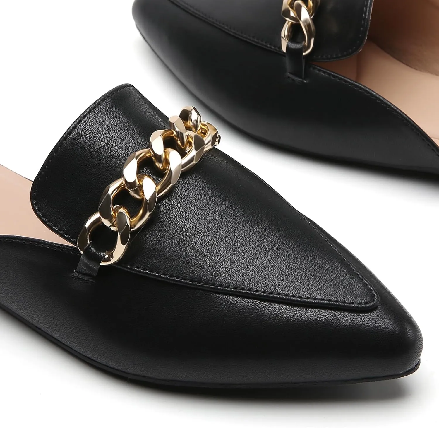 Tilocow Mules for Woman Metal Chain Slip On Flats Business Pointed Toe Loafers Backless Women Mule Shoes