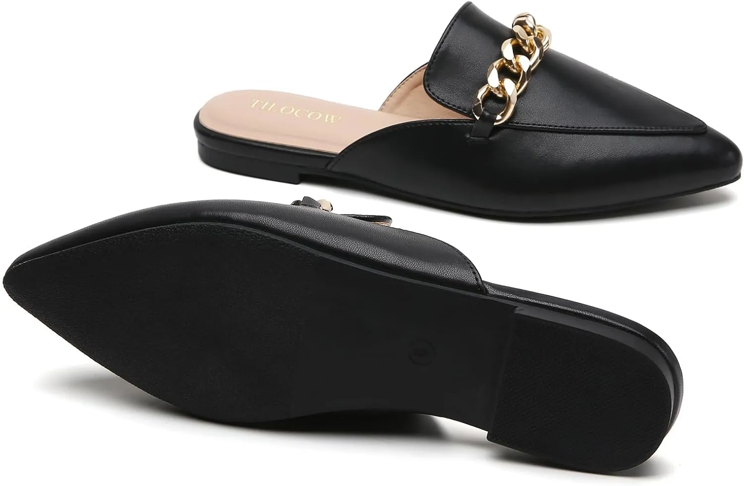 Tilocow Mules for Woman Metal Chain Slip On Flats Business Pointed Toe Loafers Backless Women Mule Shoes