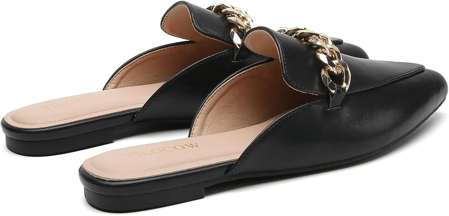Tilocow Mules for Woman Metal Chain Slip On Flats Business Pointed Toe Loafers Backless Women Mule Shoes