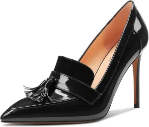 TNYNFBEB Womens Stiletto High Heel Pointed Toe Pumps Tassel Loafers Shoes Slip-on Prom Dress Patent Leather 3.9 Inches Heels