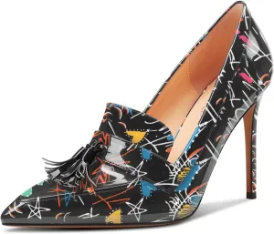 TNYNFBEB Womens Stiletto High Heel Pointed Toe Pumps Tassel Loafers Shoes Slip-on Prom Dress Patent Leather 3.9 Inches Heels
