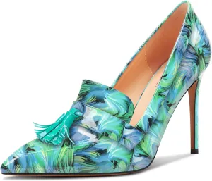 TNYNFBEB Womens Stiletto High Heel Pointed Toe Pumps Tassel Loafers Shoes Slip-on Prom Dress Patent Leather 3.9 Inches Heels