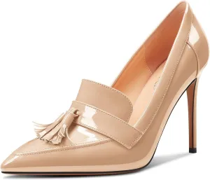 TNYNFBEB Womens Stiletto High Heel Pointed Toe Pumps Tassel Loafers Shoes Slip-on Prom Dress Patent Leather 3.9 Inches Heels