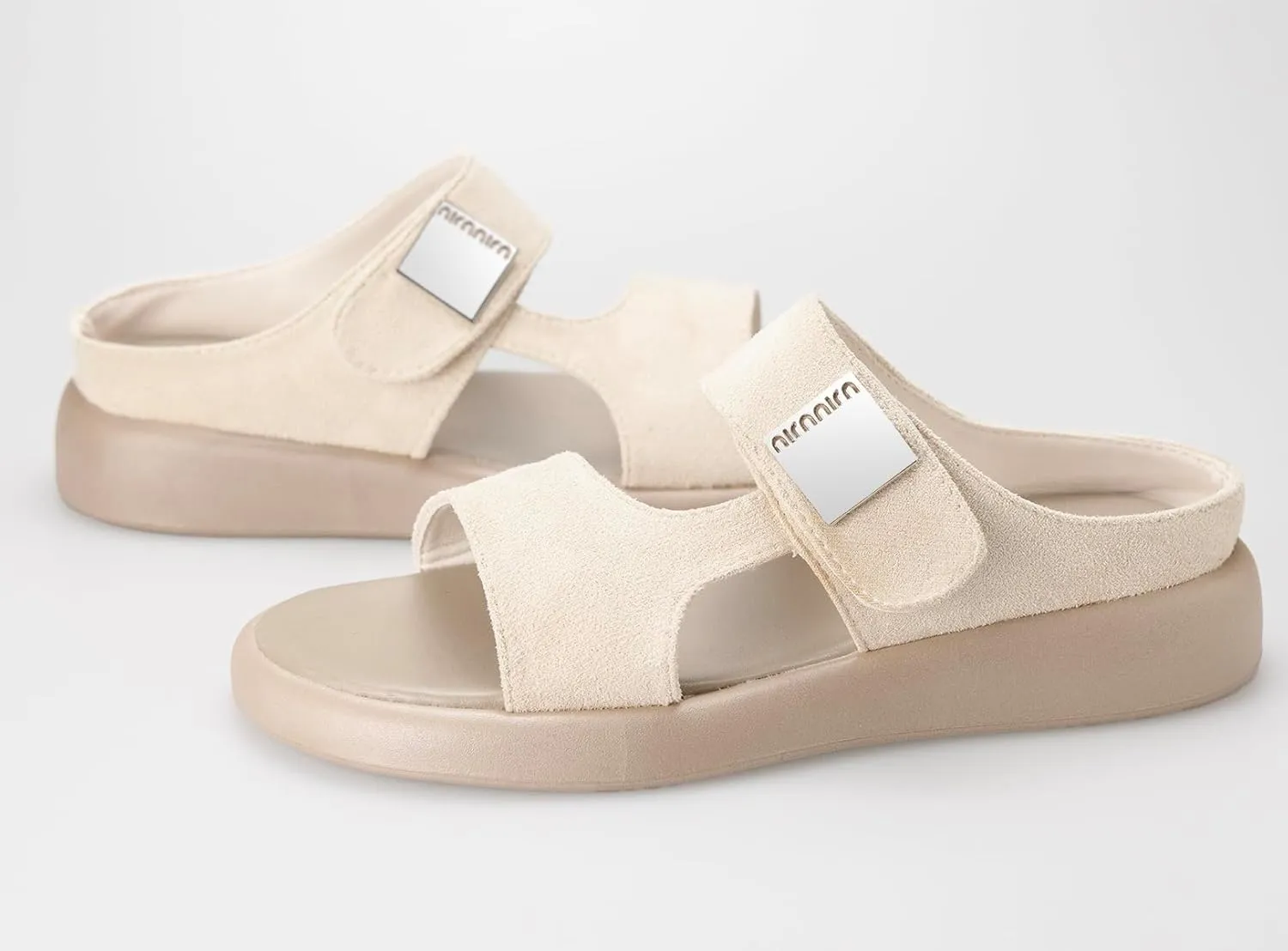 TOCONFFON Women's Flat Slides Sandals Comfort Adjustable Double Strap Slip on Soft Leather Slippers