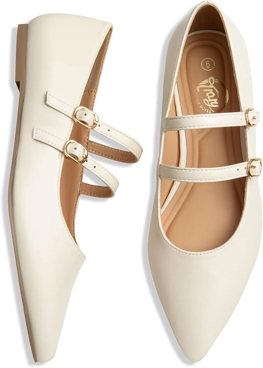 Trary Flats for Women Closed Pointed Toe Mary Jane Shoes Women Comfortable Slip on Ballet Flats Dressy Shoes Adjustable Strap PU Leather Mary Janes Loafers