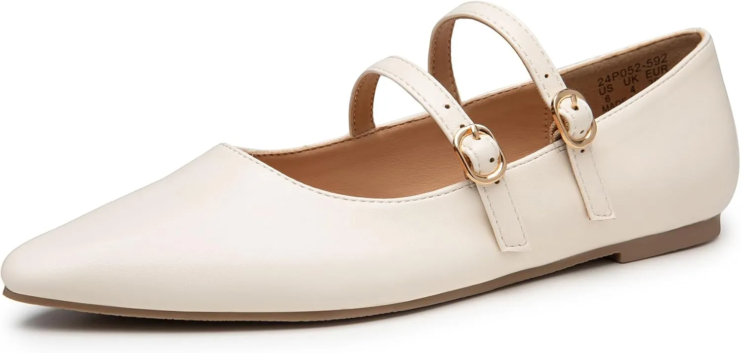 Trary Flats for Women Closed Pointed Toe Mary Jane Shoes Women Comfortable Slip on Ballet Flats Dressy Shoes Adjustable Strap PU Leather Mary Janes Loafers