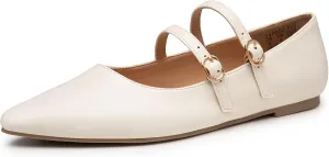 Trary Flats for Women Closed Pointed Toe Mary Jane Shoes Women Comfortable Slip on Ballet Flats Dressy Shoes Adjustable Strap PU Leather Mary Janes Loafers