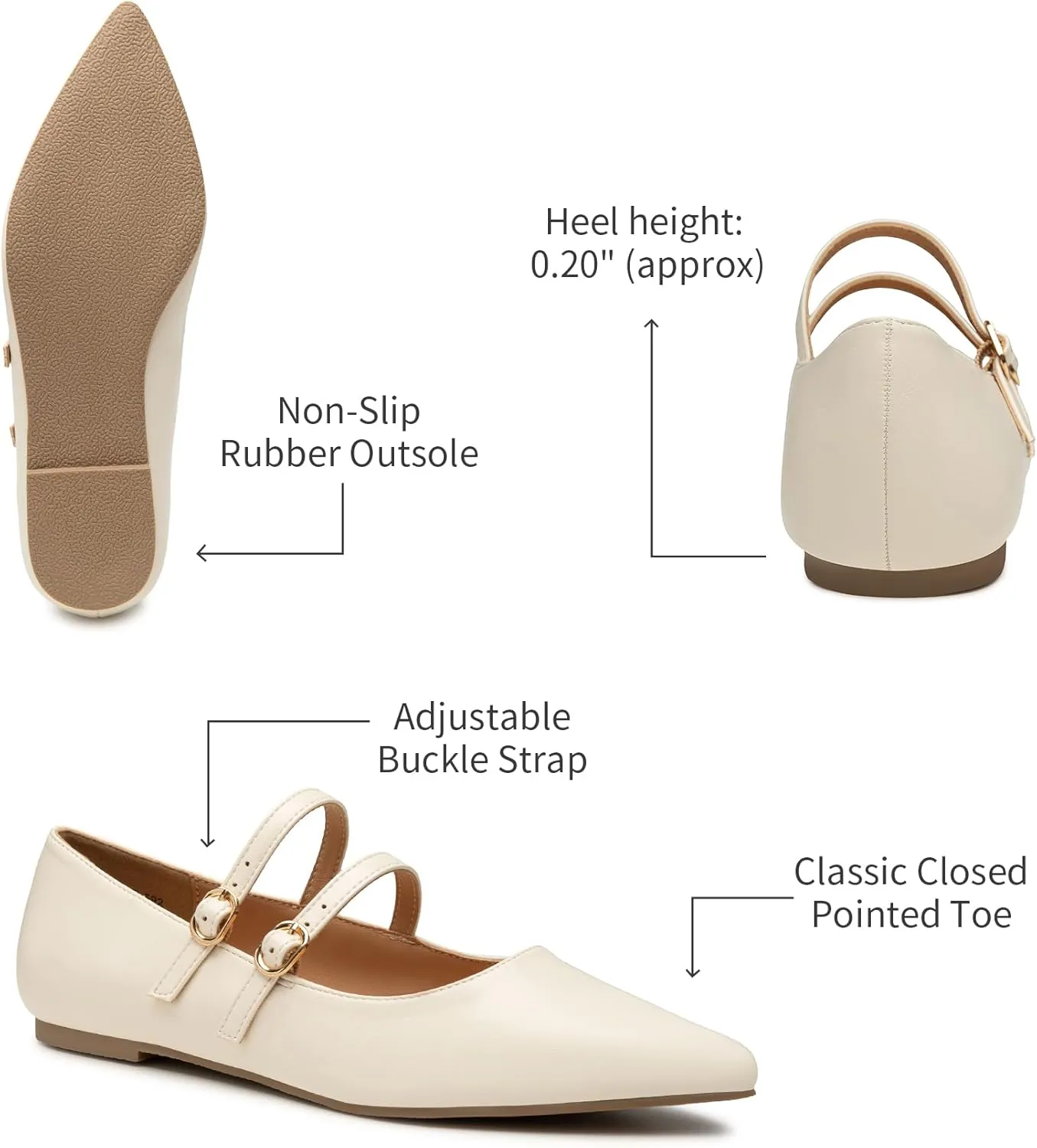 Trary Flats for Women Closed Pointed Toe Mary Jane Shoes Women Comfortable Slip on Ballet Flats Dressy Shoes Adjustable Strap PU Leather Mary Janes Loafers