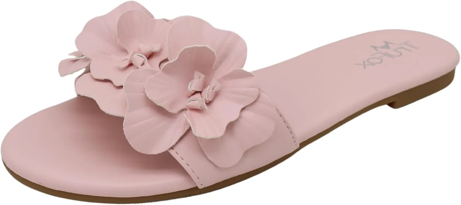 TruFox Women's Flower Flat Sandals Dressy Open Toe Sandals Comfortable Slip On Summer Slide Sandals