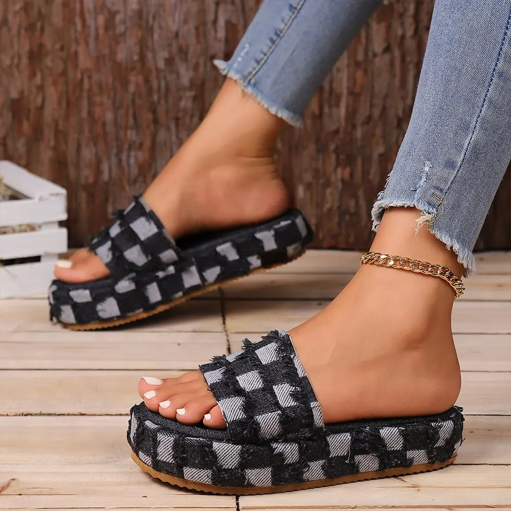 Ulalaza Women's Denim Slides Casual Jean Cloth Flat Mules Open Toe Wedge Slippers Platform Clogs Non-Slip Boho Sandals Close Pointed Toe Heels Backless Slip-On Loafers Walking Flip Flops