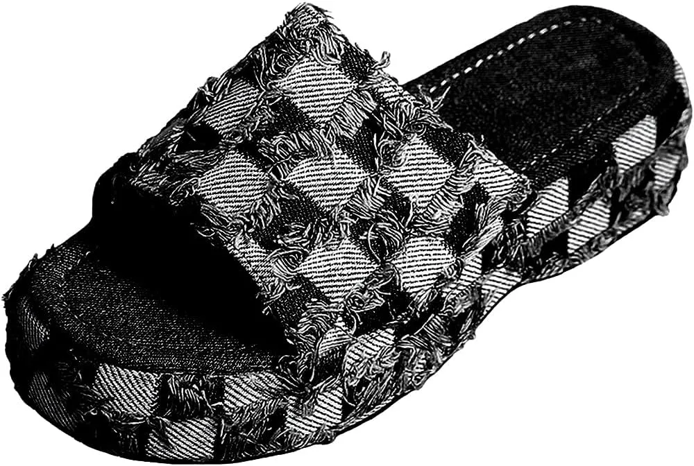 Ulalaza Women's Denim Slides Casual Jean Cloth Flat Mules Open Toe Wedge Slippers Platform Clogs Non-Slip Boho Sandals Close Pointed Toe Heels Backless Slip-On Loafers Walking Flip Flops