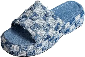 Ulalaza Women's Denim Slides Casual Jean Cloth Flat Mules Open Toe Wedge Slippers Platform Clogs Non-Slip Boho Sandals Close Pointed Toe Heels Backless Slip-On Loafers Walking Flip Flops