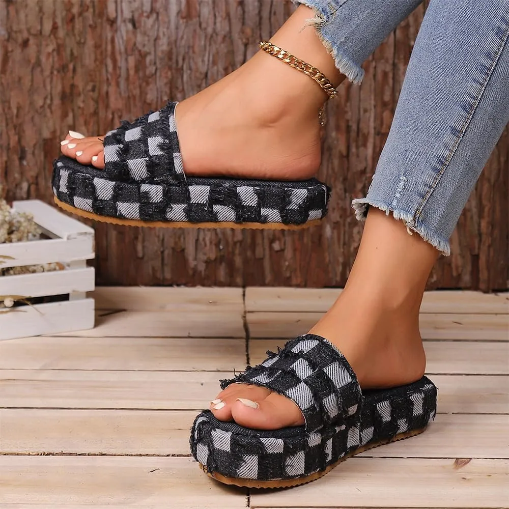 Ulalaza Women's Denim Slides Casual Jean Cloth Flat Mules Open Toe Wedge Slippers Platform Clogs Non-Slip Boho Sandals Close Pointed Toe Heels Backless Slip-On Loafers Walking Flip Flops