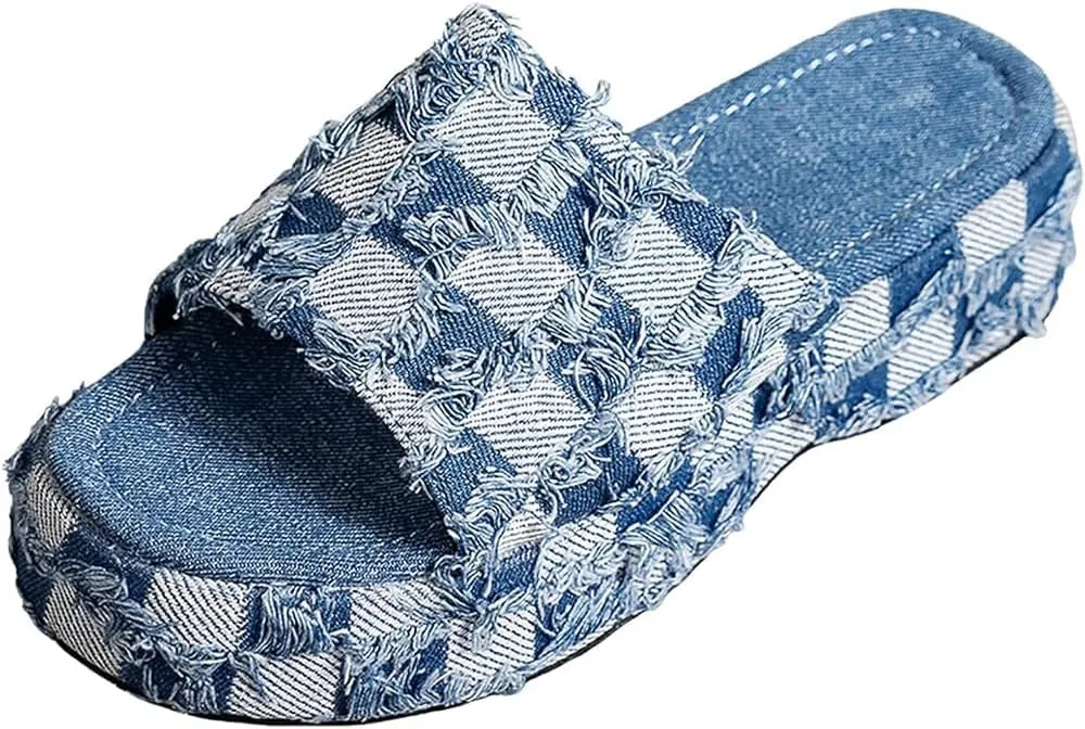 Ulalaza Women's Denim Slides Casual Jean Cloth Flat Mules Open Toe Wedge Slippers Platform Clogs Non-Slip Boho Sandals Close Pointed Toe Heels Backless Slip-On Loafers Walking Flip Flops