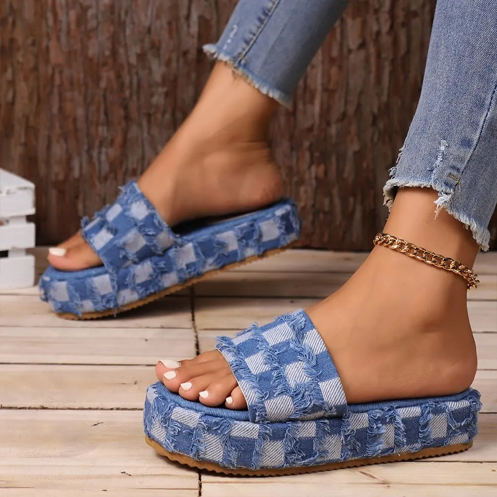 Ulalaza Women's Denim Slides Casual Jean Cloth Flat Mules Open Toe Wedge Slippers Platform Clogs Non-Slip Boho Sandals Close Pointed Toe Heels Backless Slip-On Loafers Walking Flip Flops