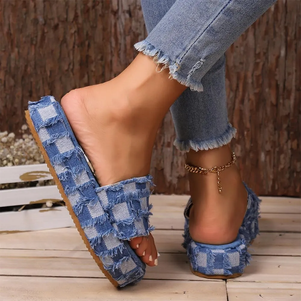 Ulalaza Women's Denim Slides Casual Jean Cloth Flat Mules Open Toe Wedge Slippers Platform Clogs Non-Slip Boho Sandals Close Pointed Toe Heels Backless Slip-On Loafers Walking Flip Flops