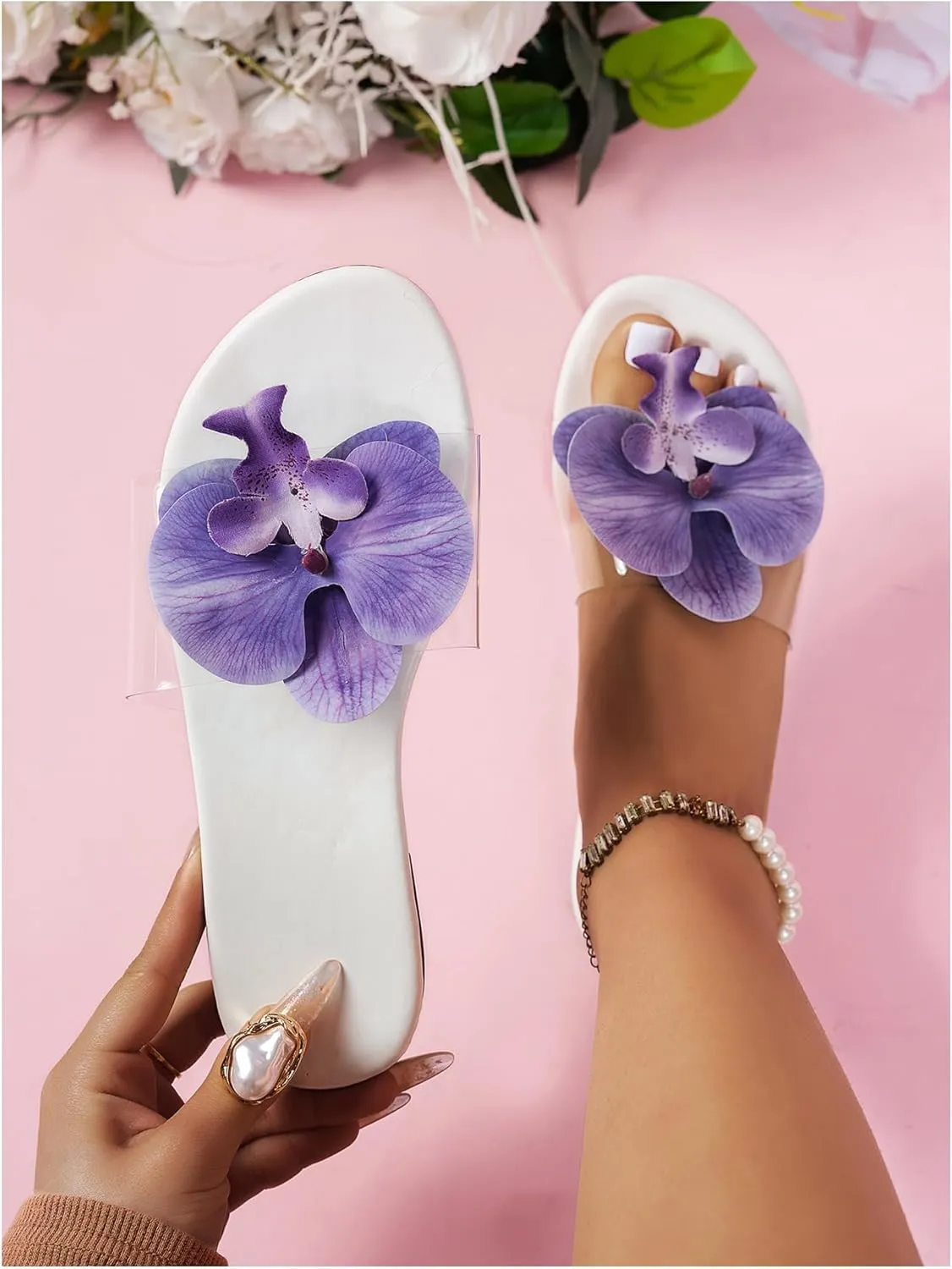 Verdusa Women's Flower Clear Flat Sandals Summer Open Toe Sandals Slip On Slides