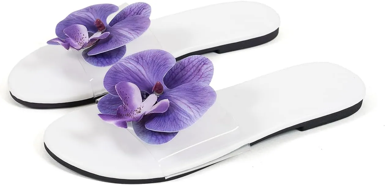 Verdusa Women's Flower Clear Flat Sandals Summer Open Toe Sandals Slip On Slides