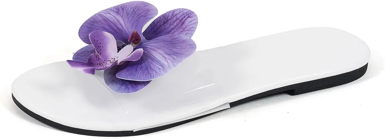 Verdusa Women's Flower Clear Flat Sandals Summer Open Toe Sandals Slip On Slides