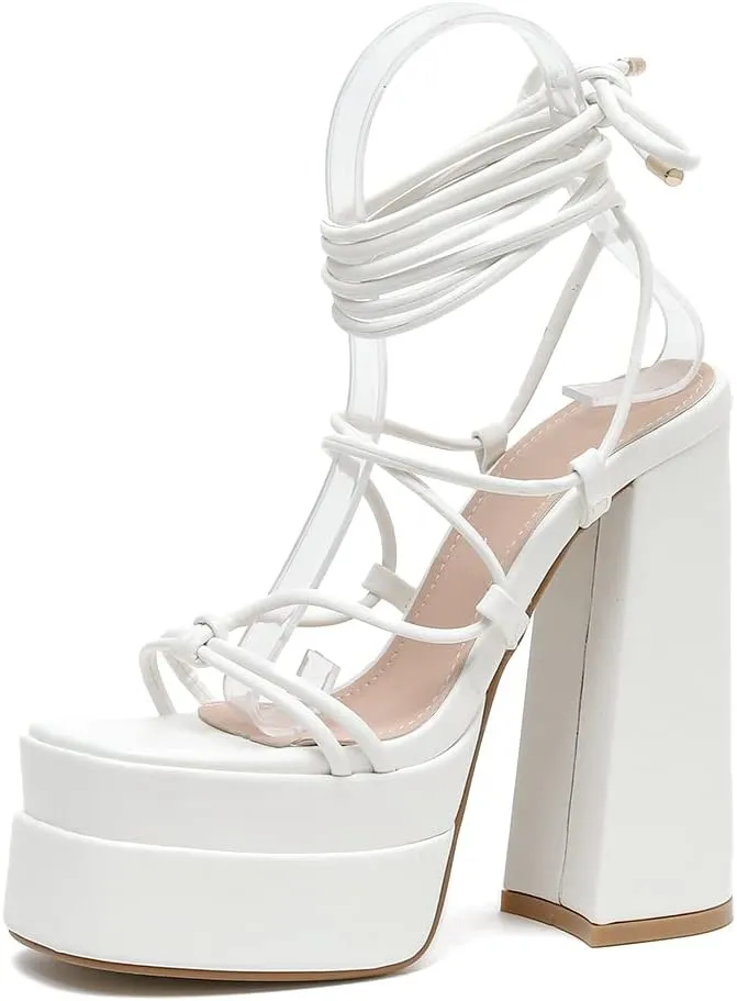 Vertundy Women's Platform Chunky Heel Sandals - Lace up Block High Heels Square Open Toe Strappy Dress Shoes for Party Dressy Summer Sexy
