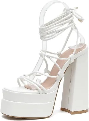 Vertundy Women's Platform Chunky Heel Sandals - Lace up Block High Heels Square Open Toe Strappy Dress Shoes for Party Dressy Summer Sexy