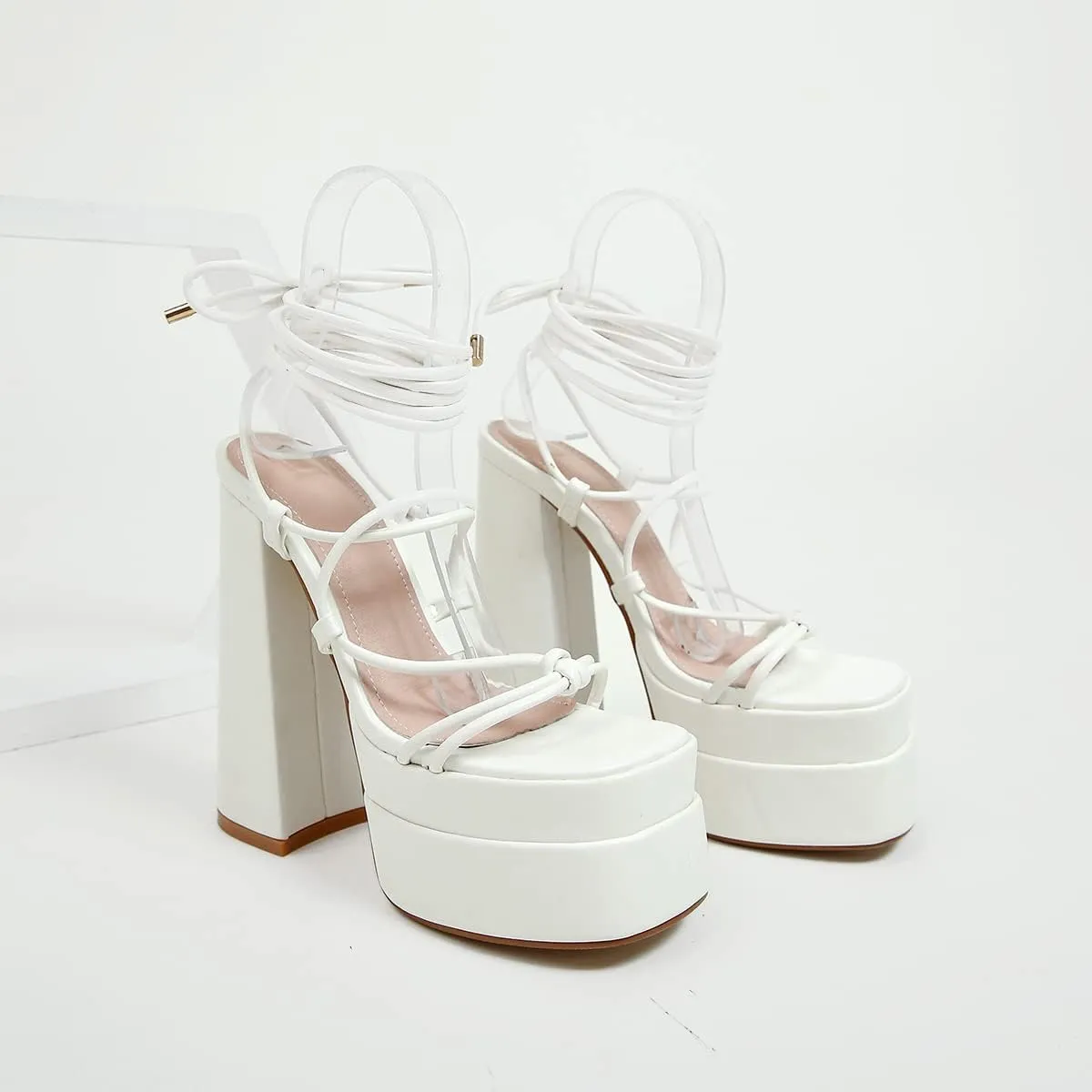 Vertundy Women's Platform Chunky Heel Sandals - Lace up Block High Heels Square Open Toe Strappy Dress Shoes for Party Dressy Summer Sexy