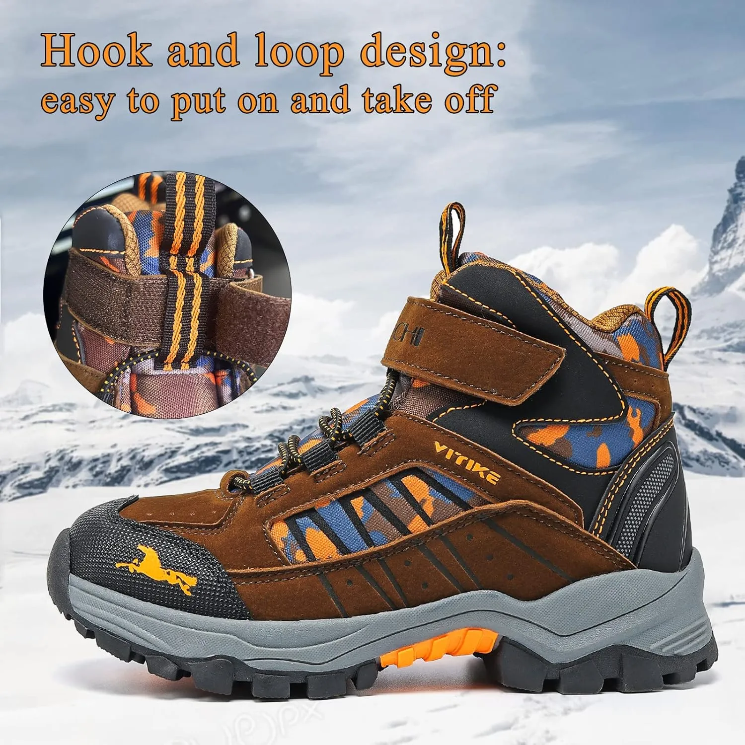VITUOFLY Boys Hiking Boots Kids Hiking Shoes Girls Outdoor Warm Winter Snow Boots Adventure Trekking Shoes Anti-skid Sneakers Steel Buckle Durable Comfortable