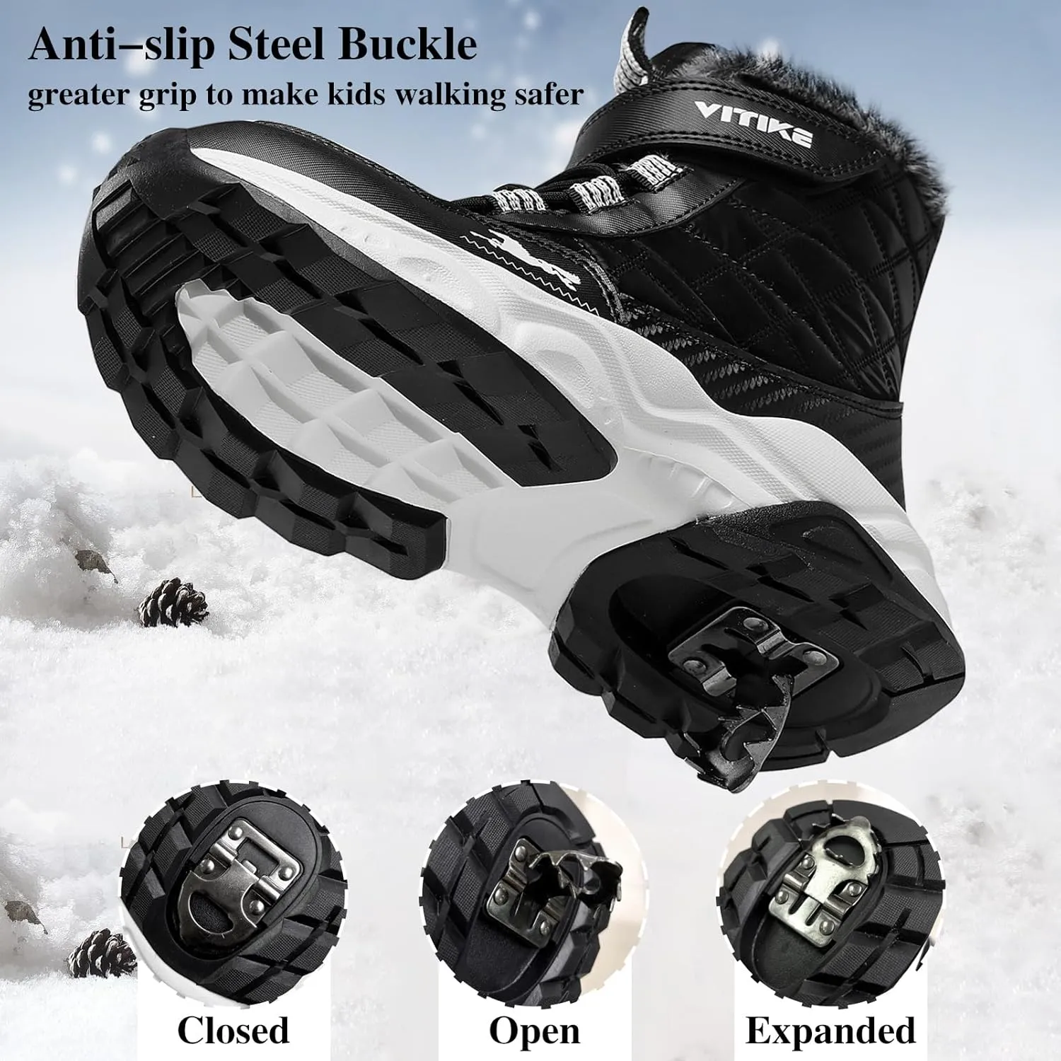 VITUOFLY Boys Hiking Boots Kids Hiking Shoes Girls Outdoor Warm Winter Snow Boots Adventure Trekking Shoes Anti-skid Sneakers Steel Buckle Durable Comfortable