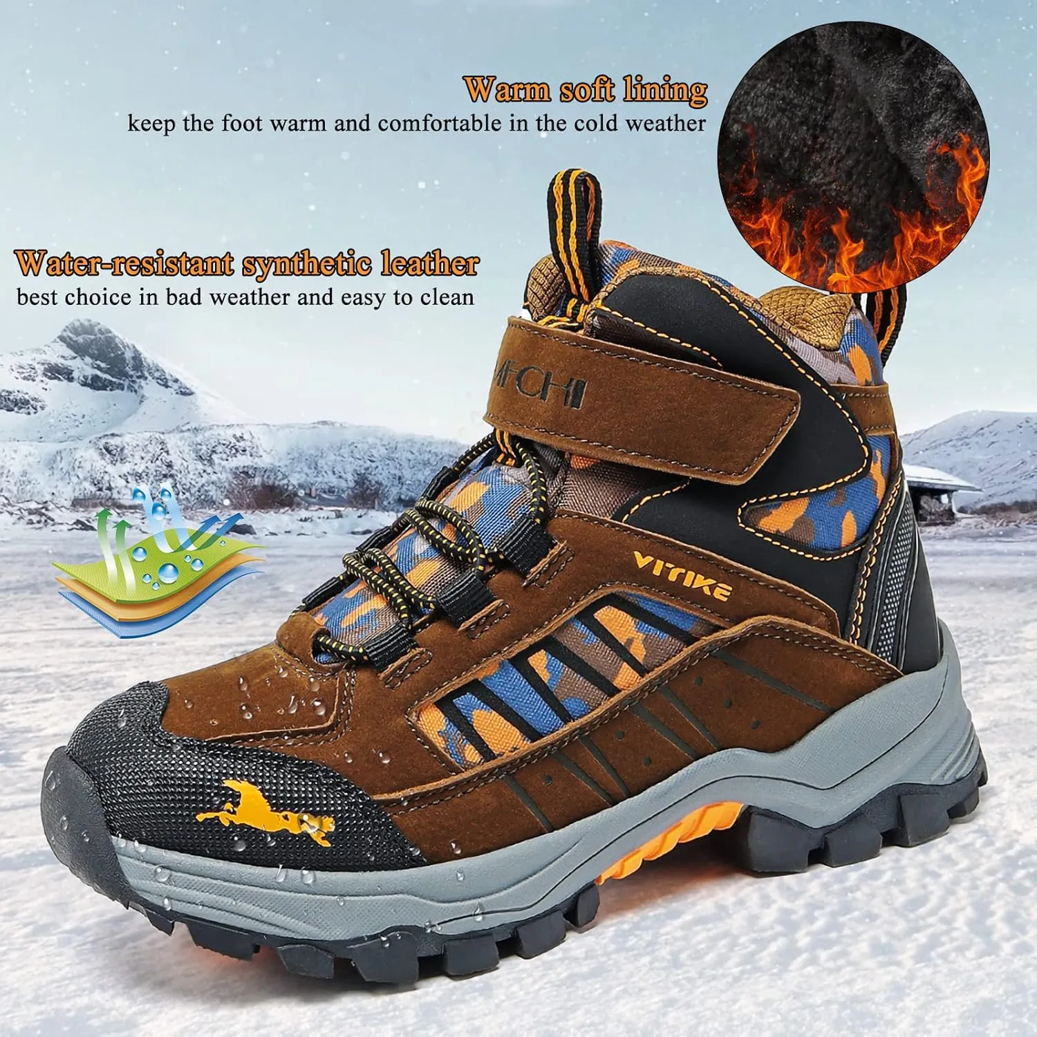 VITUOFLY Boys Hiking Boots Kids Hiking Shoes Girls Outdoor Warm Winter Snow Boots Adventure Trekking Shoes Anti-skid Sneakers Steel Buckle Durable Comfortable