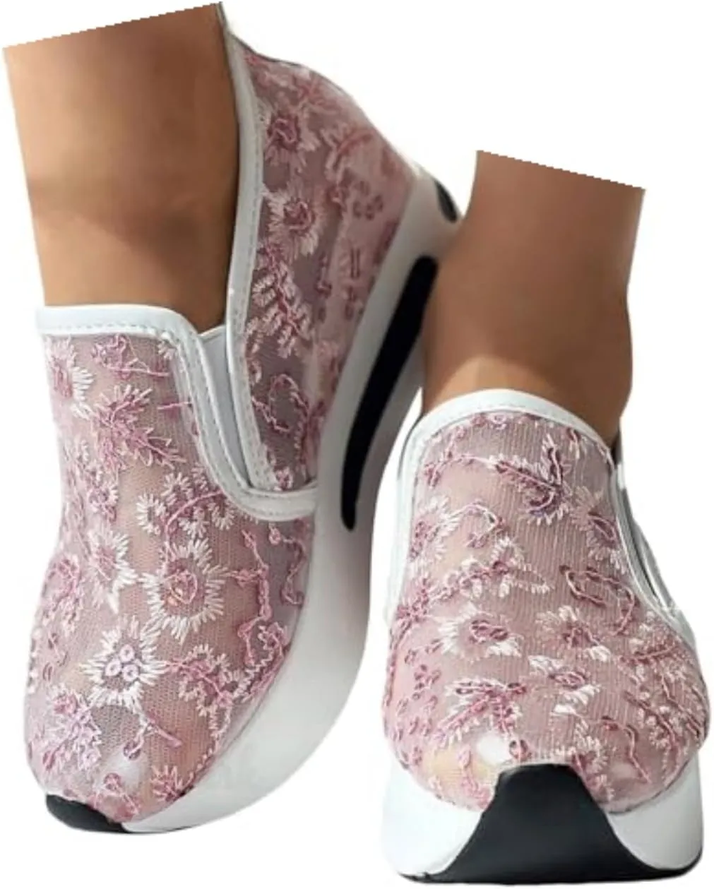 Wedge Floral Shoes Mesh Fashion Sneakers for Women Slip On Breathable Walking Shoes Women's Casual Embroidery Platform Sneakers Comfort Work Shoes High Heels Outdoor Travel Sports Shoes