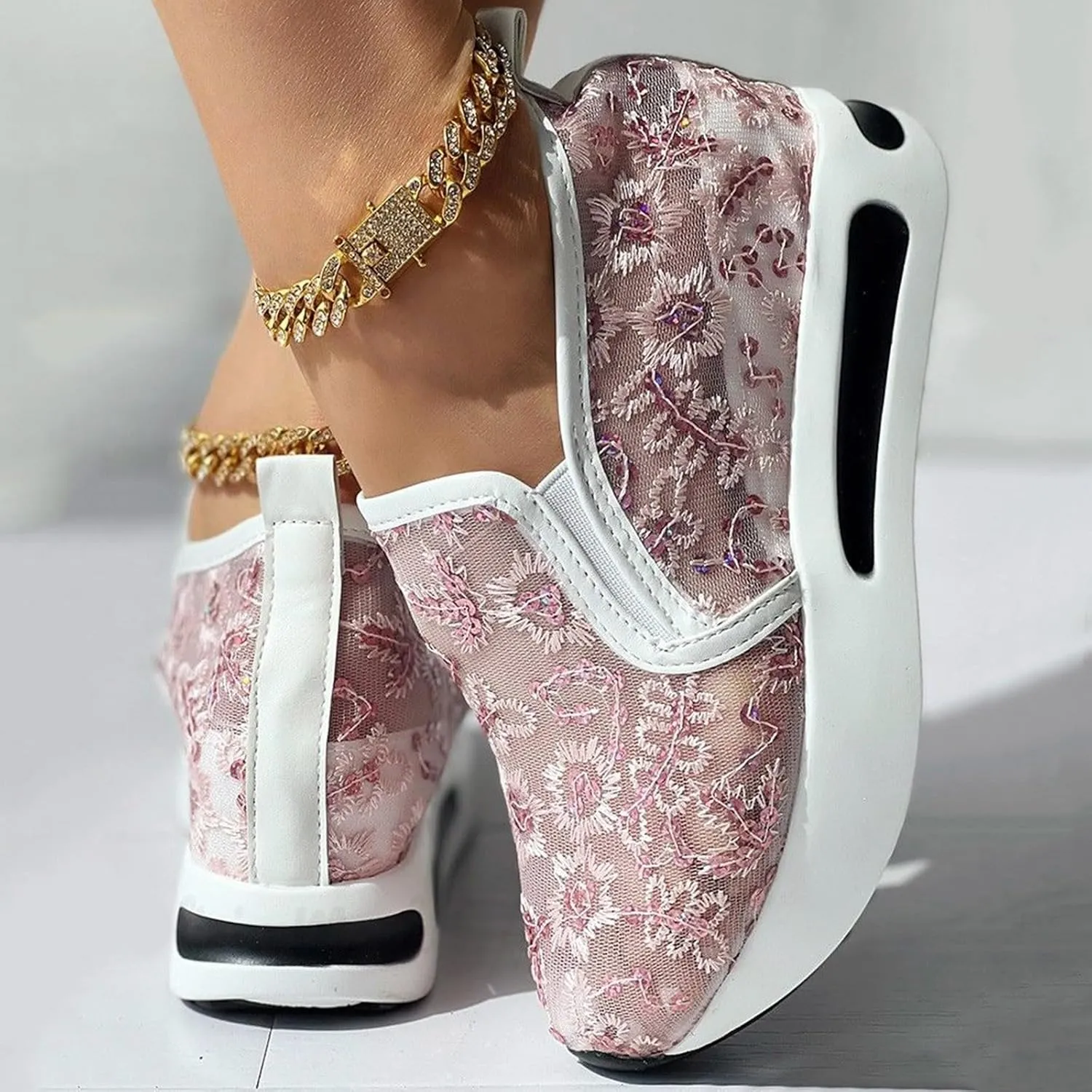 Wedge Floral Shoes Mesh Fashion Sneakers for Women Slip On Breathable Walking Shoes Women's Casual Embroidery Platform Sneakers Comfort Work Shoes High Heels Outdoor Travel Sports Shoes