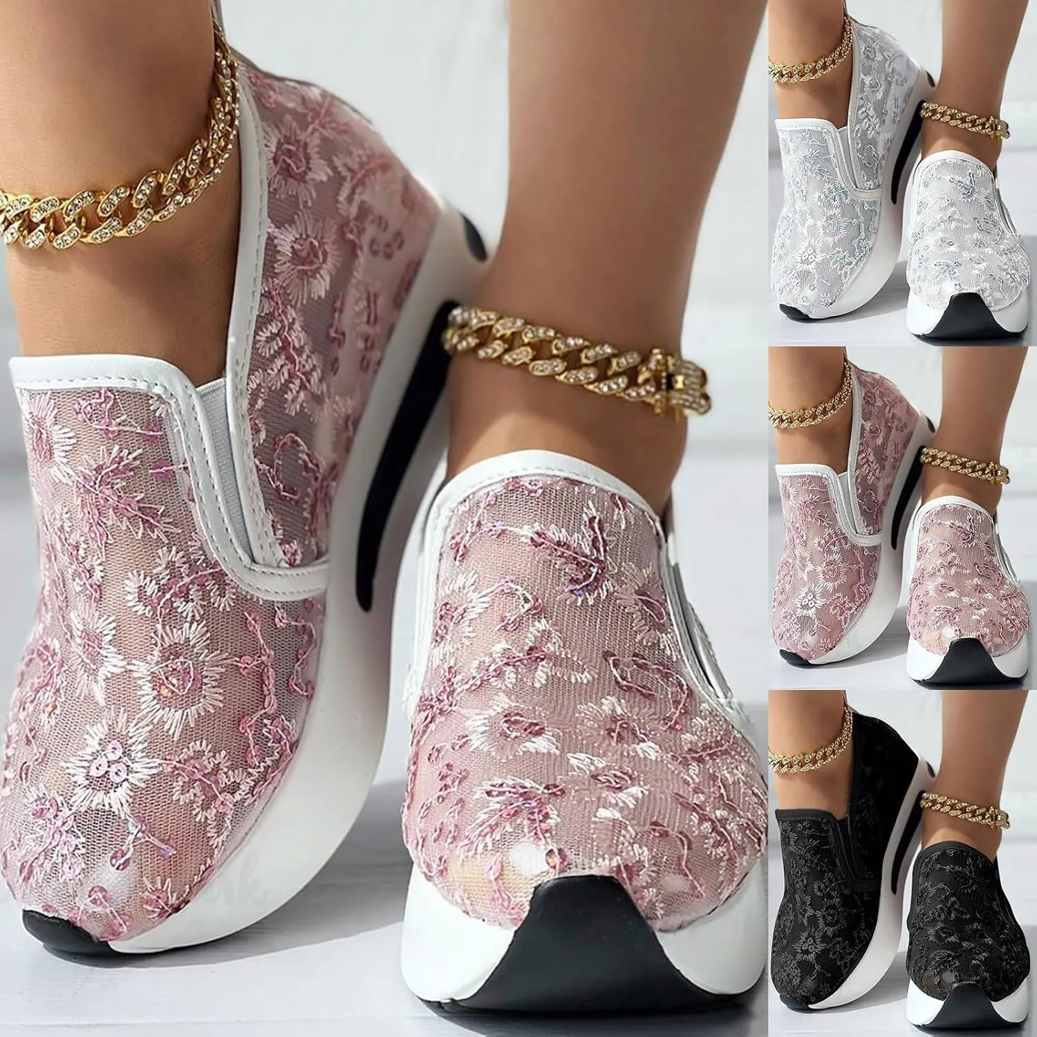 Wedge Floral Shoes Mesh Fashion Sneakers for Women Slip On Breathable Walking Shoes Women's Casual Embroidery Platform Sneakers Comfort Work Shoes High Heels Outdoor Travel Sports Shoes