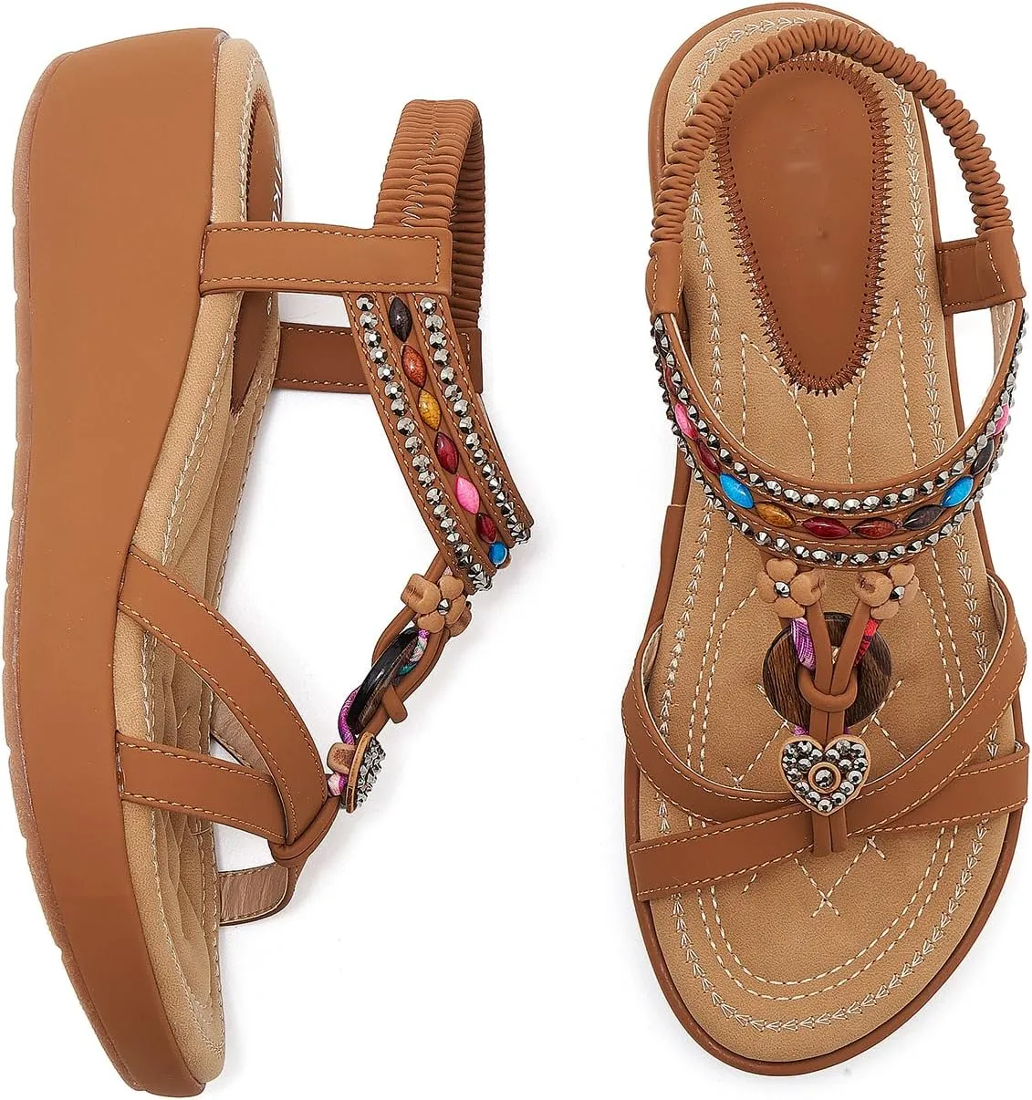 Wedge Sandals for Women Summer Bohemian Rhinestone Beaded Open Toe Platform Sandals Elastic Ankle Strap Comfortable Casual Shoes