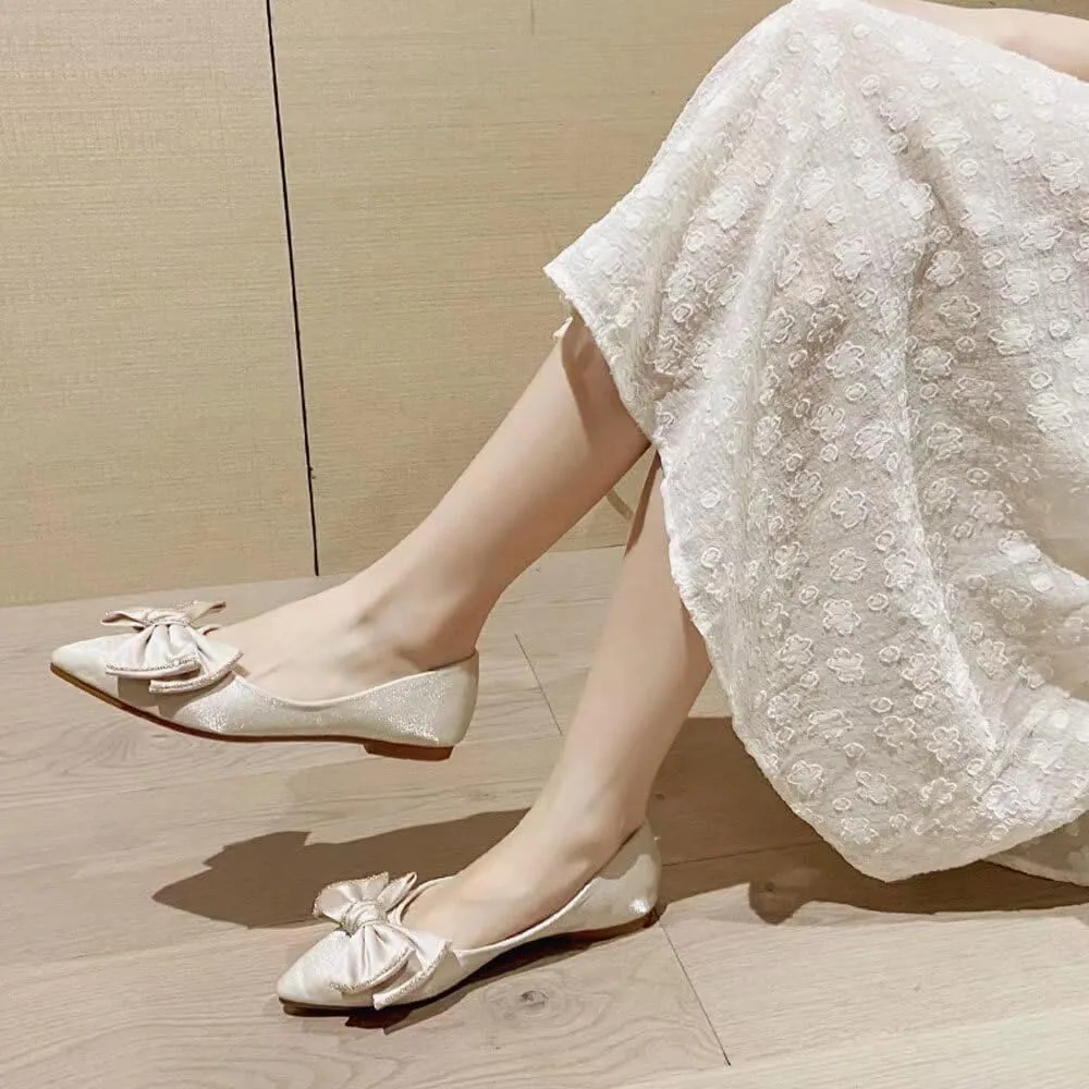 WENJIAZHIZHI Womens Glittery Bow Ballet Flats Pointed Toe Loafers Flat Dress Shoes for Women Wedding Dressy Comfortable
