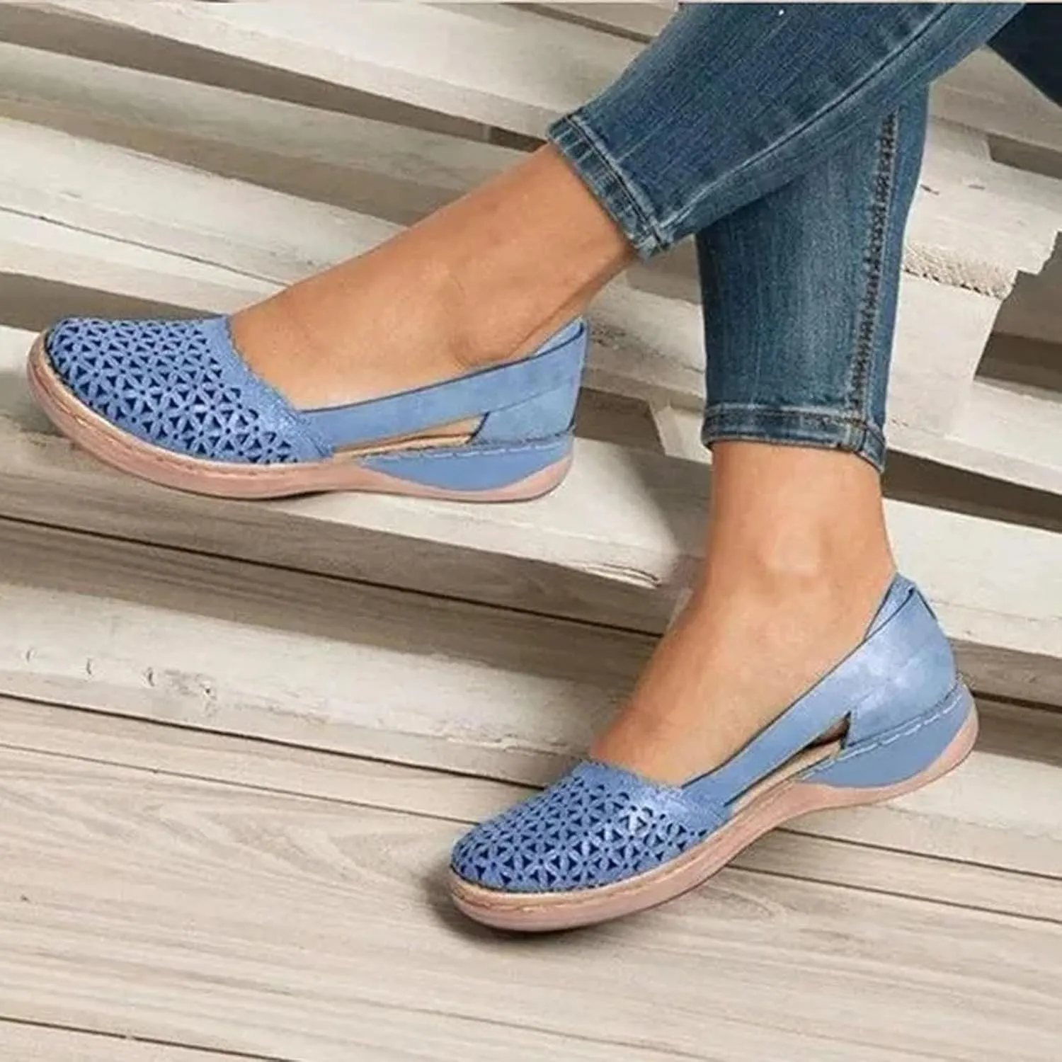 Wide Width Flats for Women Comfortable Closed Toe Casual Hollow Out Sandals Breathable Orthotic Wedge Sandals Arch Support Slip on Flats Lightweight Walking Beach Shoes