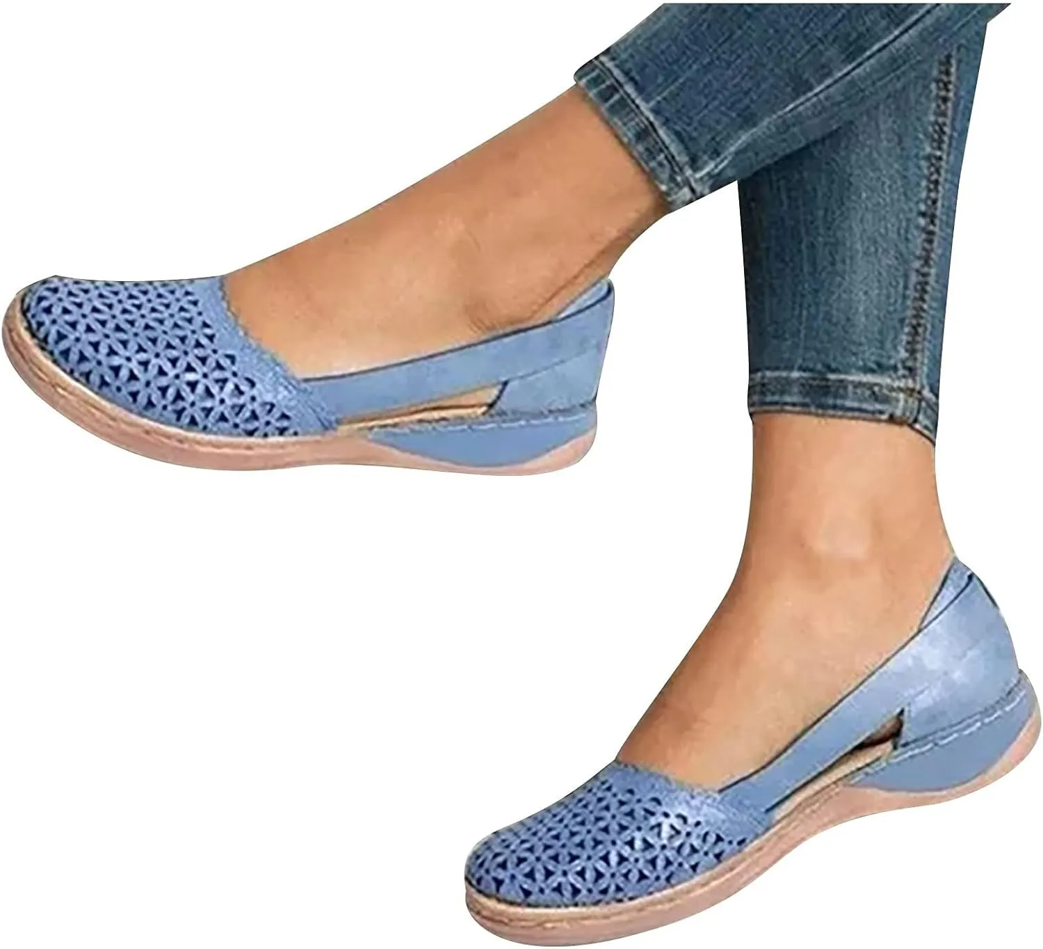 Wide Width Flats for Women Comfortable Closed Toe Casual Hollow Out Sandals Breathable Orthotic Wedge Sandals Arch Support Slip on Flats Lightweight Walking Beach Shoes