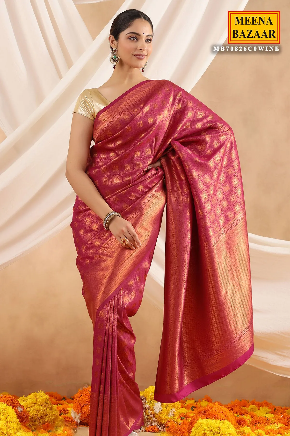 Wine Silk Woven Saree