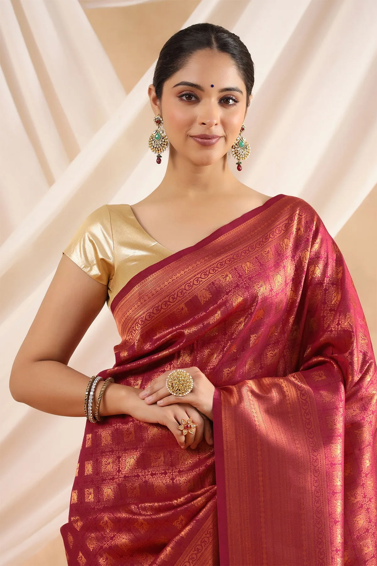 Wine Silk Woven Saree
