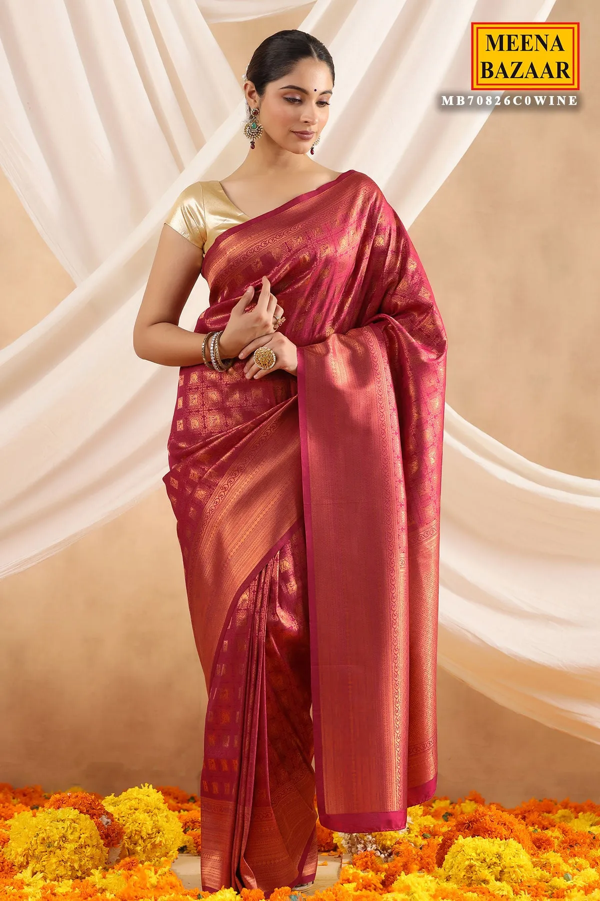 Wine Silk Woven Saree