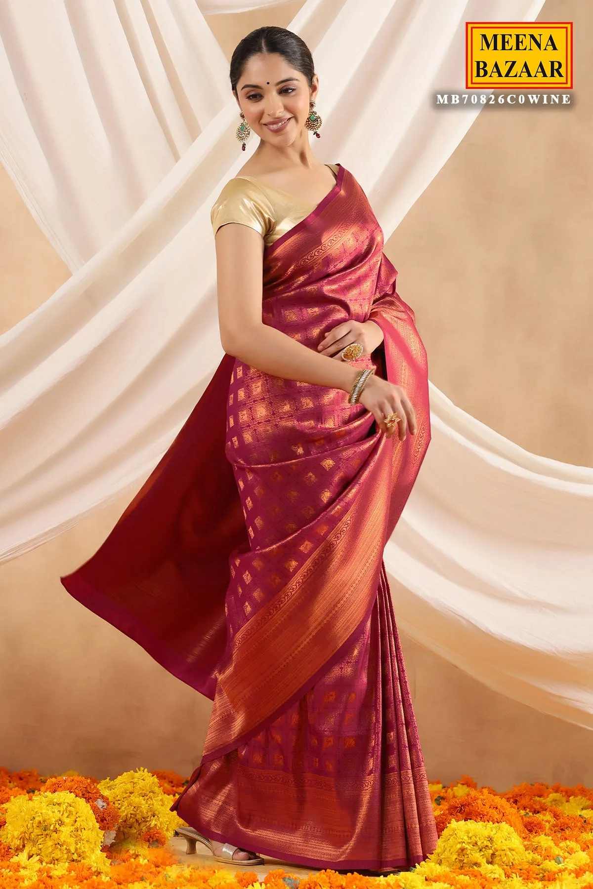 Wine Silk Woven Saree