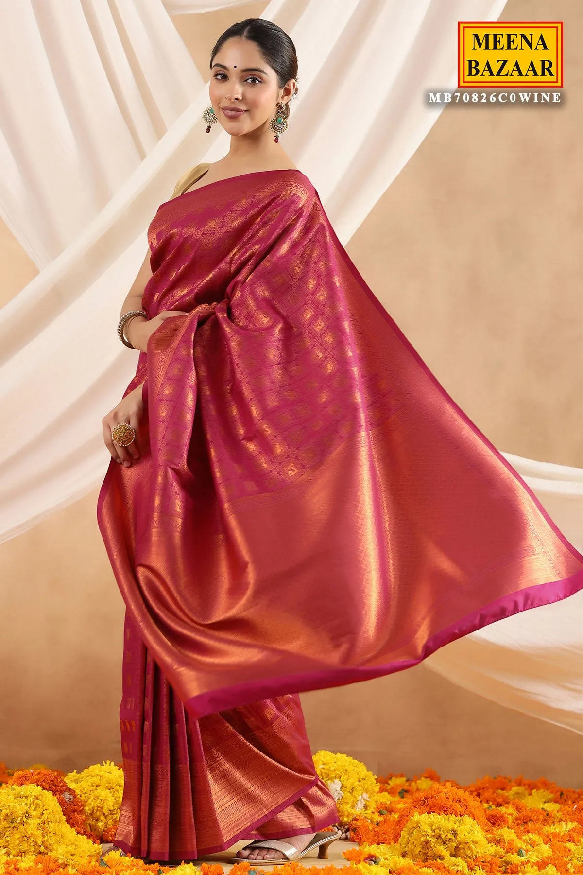Wine Silk Woven Saree
