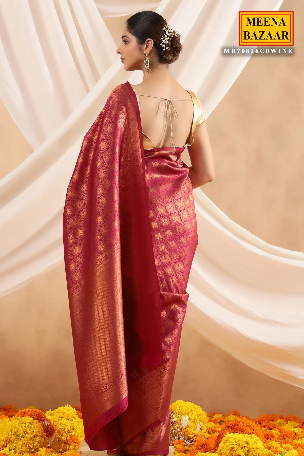 Wine Silk Woven Saree