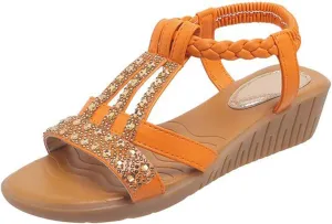 Women Flat Sandals Open Toe Slides Low Wedge Sandal Sparkly Crystal Rhinestone Sandals Elastic Ankle Strap Slip On Shoes for Summer Beach Oceanside Holiday Outdoor