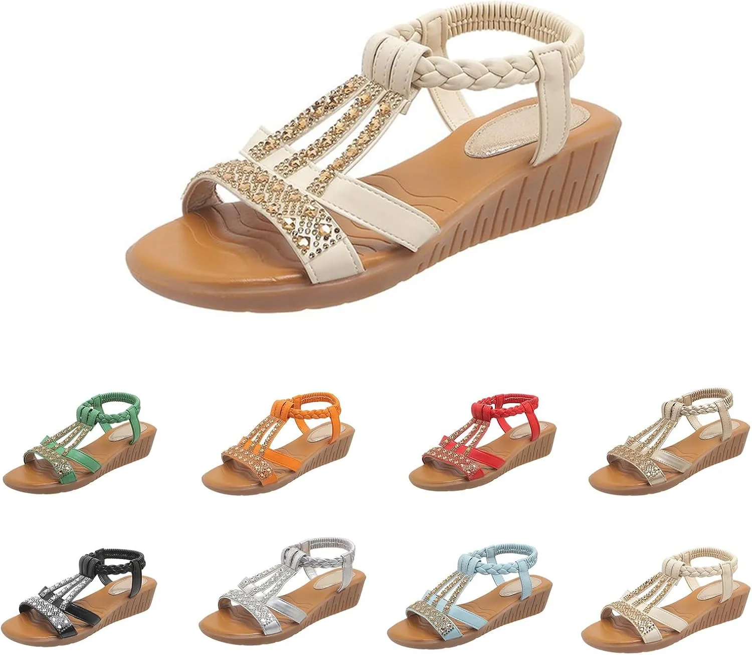 Women Flat Sandals Open Toe Slides Low Wedge Sandal Sparkly Crystal Rhinestone Sandals Elastic Ankle Strap Slip On Shoes for Summer Beach Oceanside Holiday Outdoor