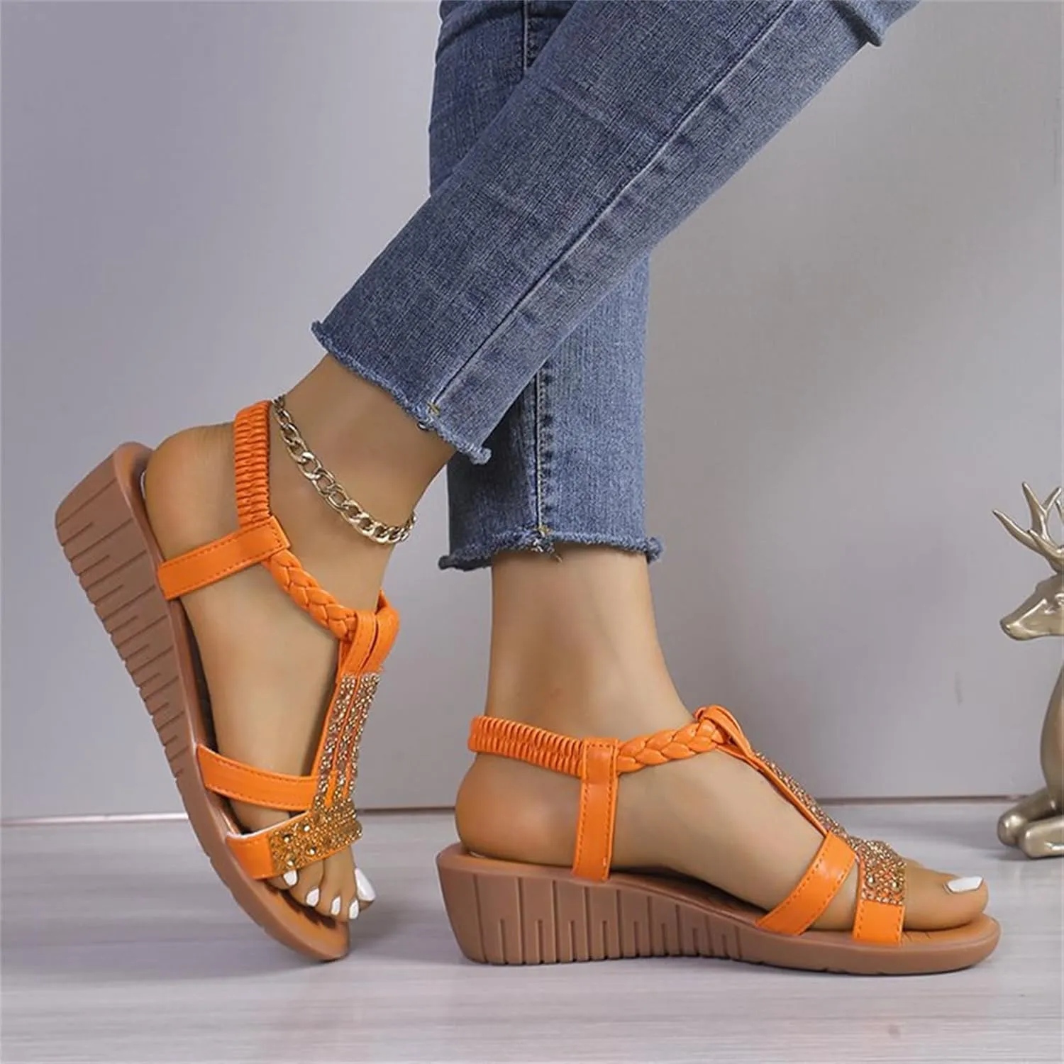Women Flat Sandals Open Toe Slides Low Wedge Sandal Sparkly Crystal Rhinestone Sandals Elastic Ankle Strap Slip On Shoes for Summer Beach Oceanside Holiday Outdoor