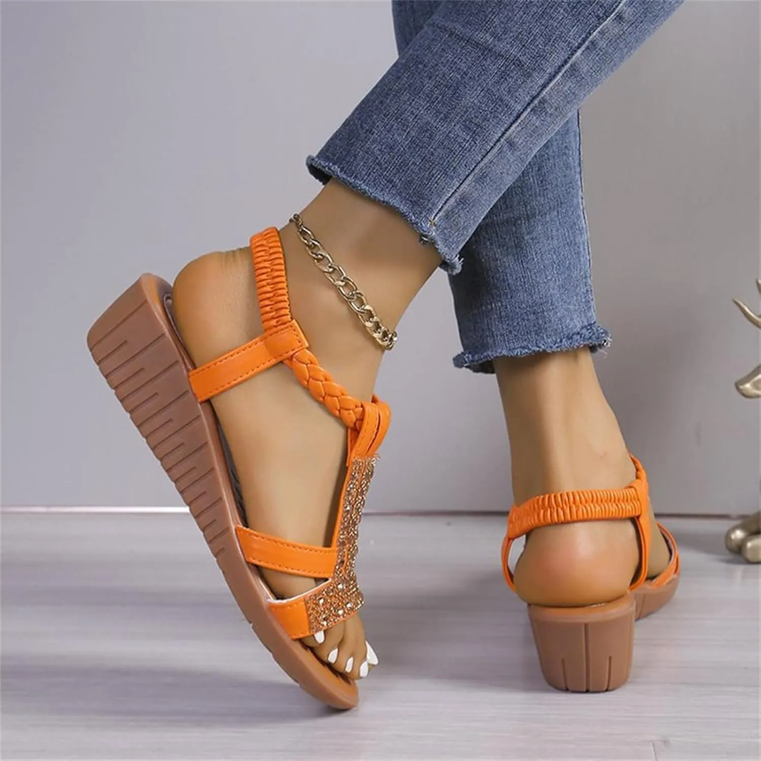 Women Flat Sandals Open Toe Slides Low Wedge Sandal Sparkly Crystal Rhinestone Sandals Elastic Ankle Strap Slip On Shoes for Summer Beach Oceanside Holiday Outdoor