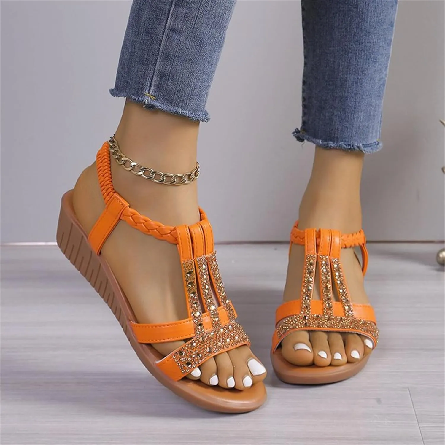 Women Flat Sandals Open Toe Slides Low Wedge Sandal Sparkly Crystal Rhinestone Sandals Elastic Ankle Strap Slip On Shoes for Summer Beach Oceanside Holiday Outdoor