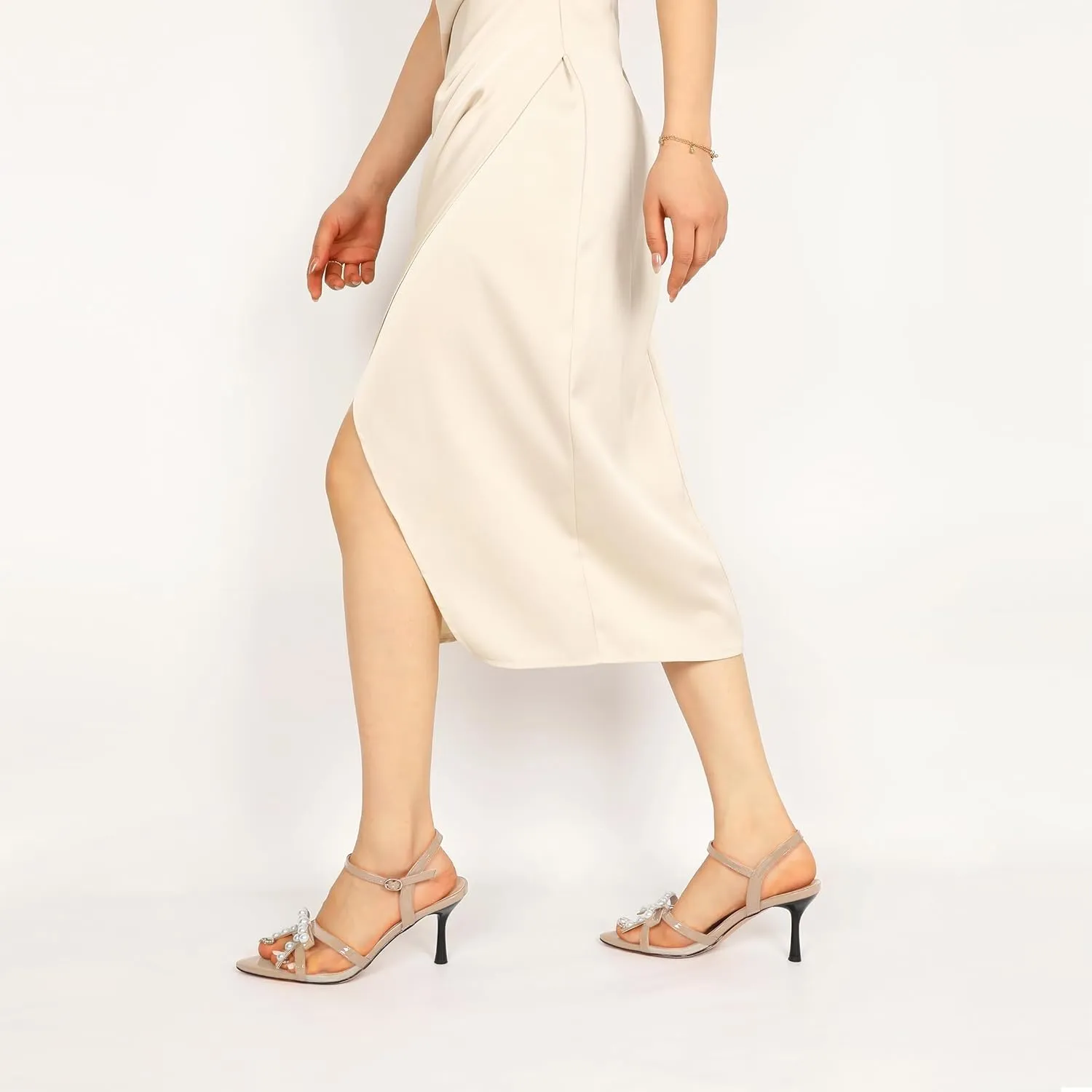 Women Stiletto Heel Sandals Strappy Heels Open Toe Sandals Slingback Heel Sandals Comfort Dressy Pearl Heels Evening Party 3.5 Inch